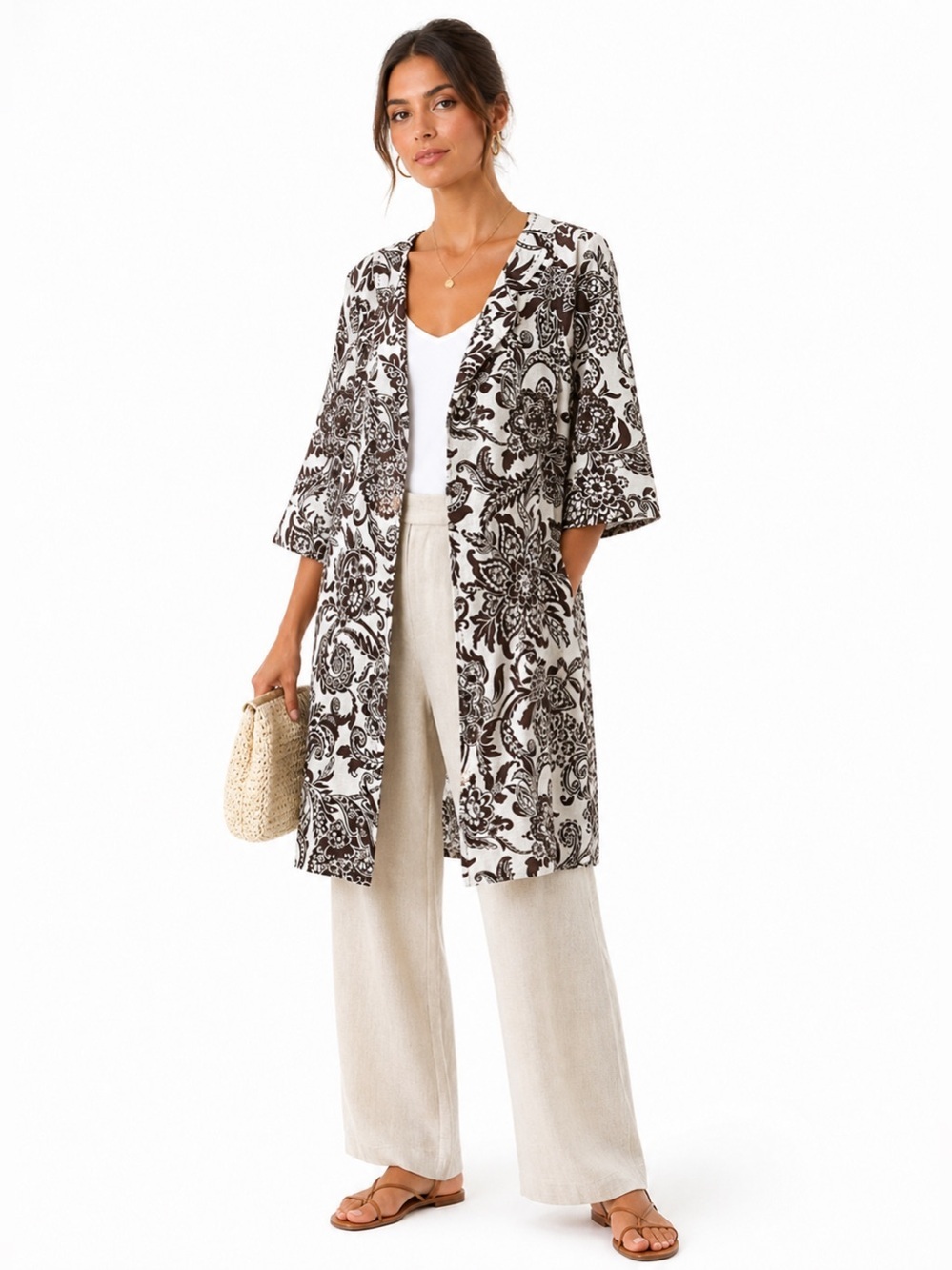 Eliza J Linen Blend Longline Cardigan Floral Boho Duster Jacket L
